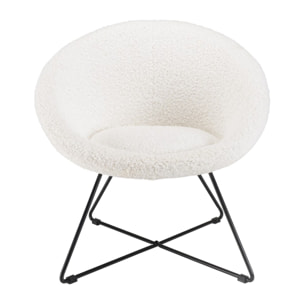 AGATHE - Fauteuil tissu bouclette blanc pieds croisés métal noir