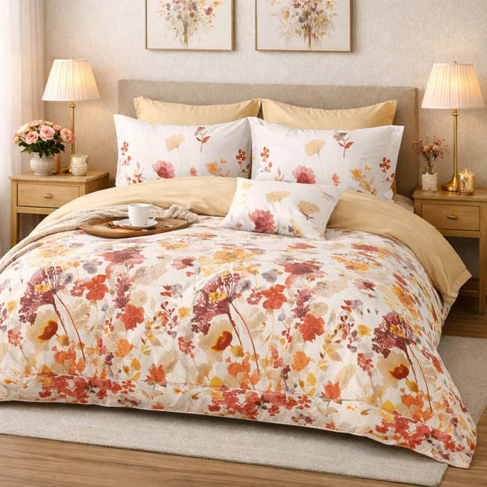 Parure housse de couette 100% percale de coton - motif floral aquarelle