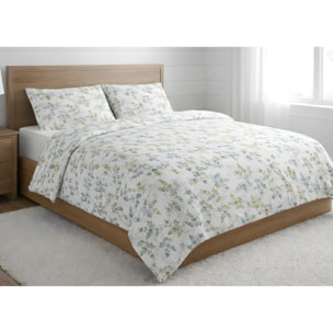 Parure Copripiumino 100% Cotone Made In Italy Fantasia Floreale Disegno Petalo Verde