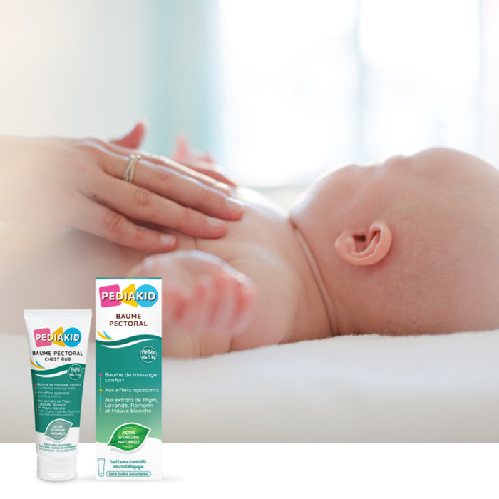 PEDIAKID - Baume Pectoral - Baume de massage confort bébés et jeunes enfants - Aux extraits de Thym, Lavande, Romarin et Mauve Blanche - Sans huiles essentielles - Convient aux bébés dès 5kg