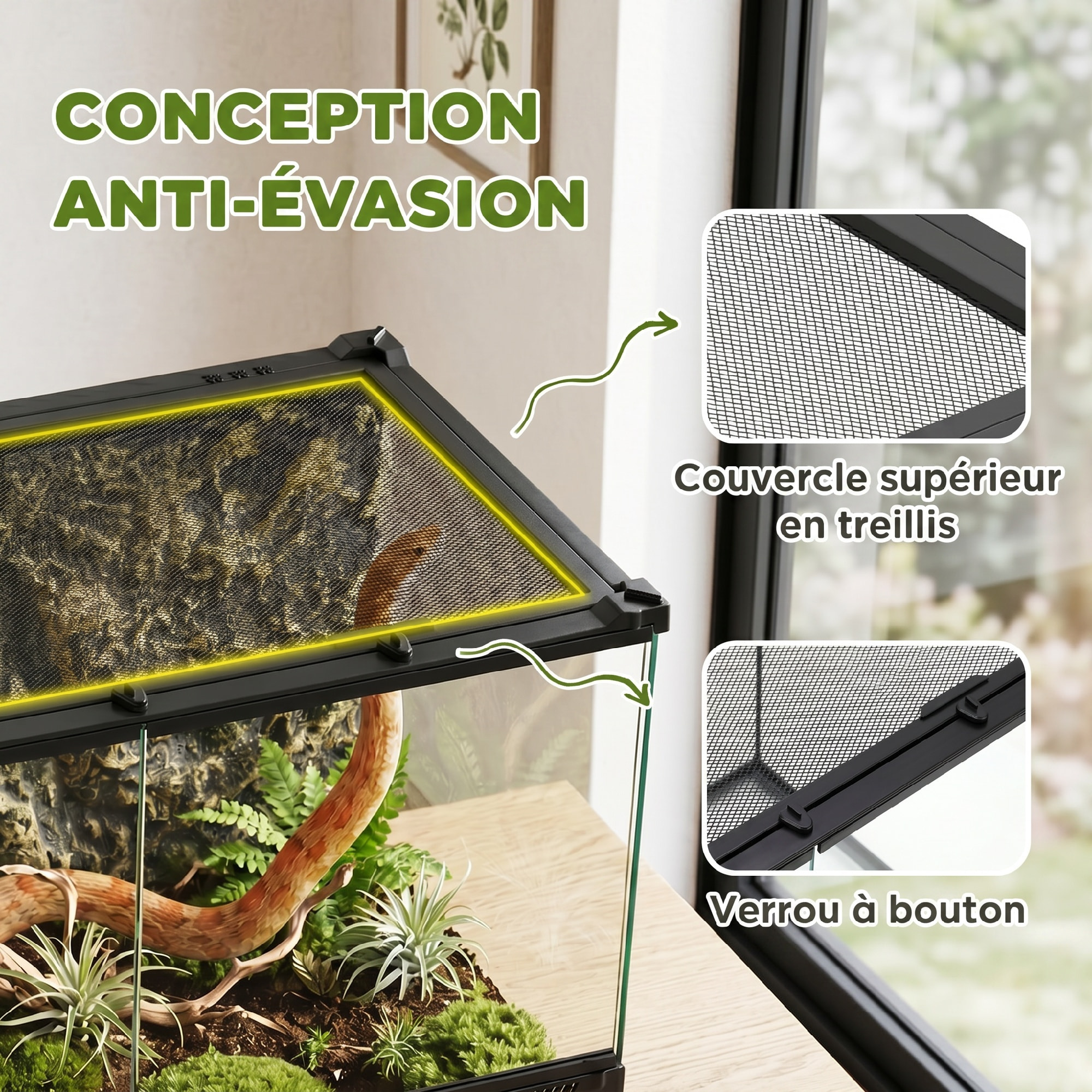 Terrarium verre 48L vivarium boîte à reptiles fermeture sécurisée par rotation noir