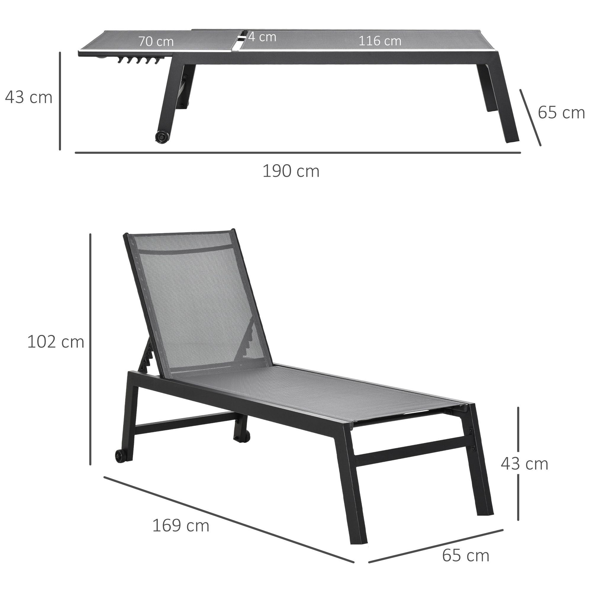 Tumbona de Jardín de Aluminio Tumbona Exterior con Respaldo Reclinable en 5 Posiciones Ruedas Carga 120 kg para Patio Terraza 169x65x102 cm Gris