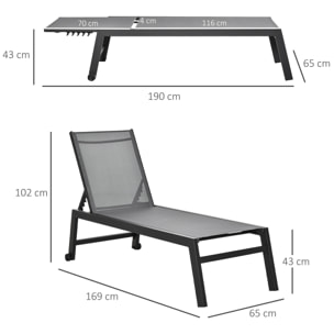 Tumbona de Jardín de Aluminio Tumbona Exterior con Respaldo Reclinable en 5 Posiciones Ruedas Carga 120 kg para Patio Terraza 169x65x102 cm Gris