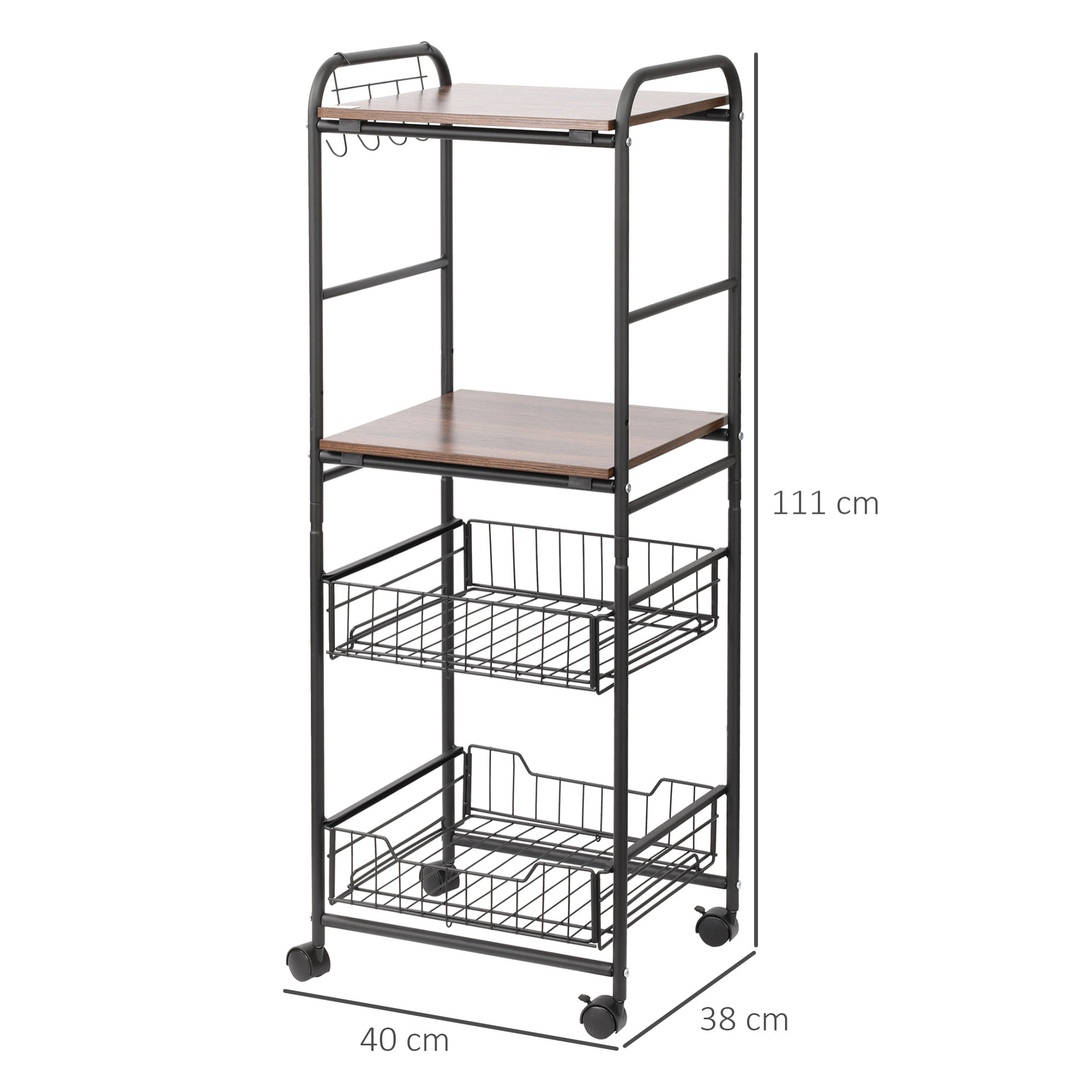 HOMCOM Carro de Cocina con Ruedas Carrito Auxiliar de Almacenaje con 2 Estantes 2 Cestas Extraíbles y 4 Ganchos para Comedor Baño 40x38x111 cm Nogal y Negro