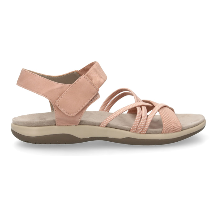 Sandalias planas de mujer diseño moderno, comodas con cierre de cierre autoadherente y con tiras elasticas cruzadas