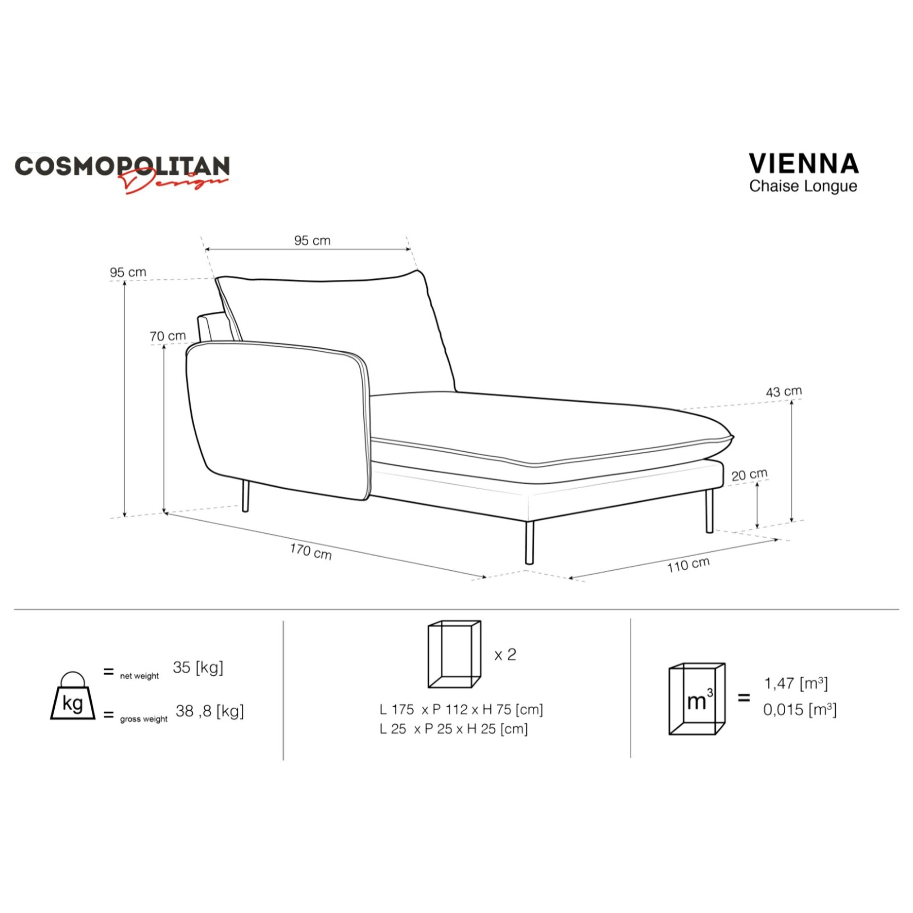 Méridienne gauche "Vienna" en velours gris