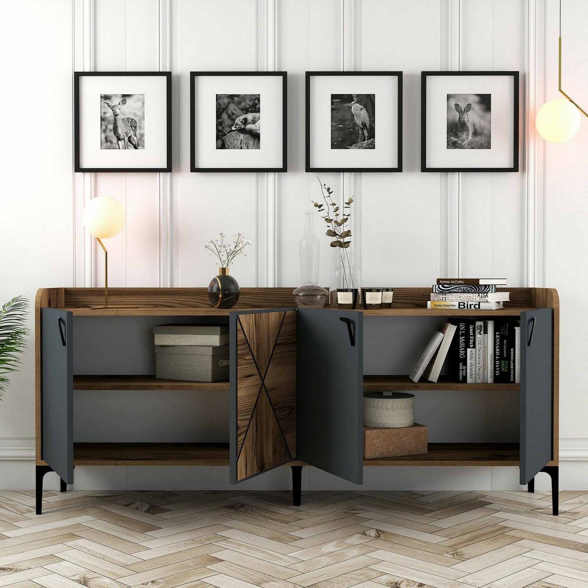 Credenza Dilici, Buffet da soggiorno, Madia da salotto, Dispensa da cucina, 180x35h78 cm, Noce e Antracite