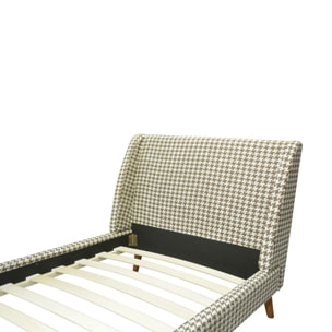 Lit Grace | A lattes flexibles | style Rétro et Chic | Tissu | Marron et Beige | Imprimé pied de poule