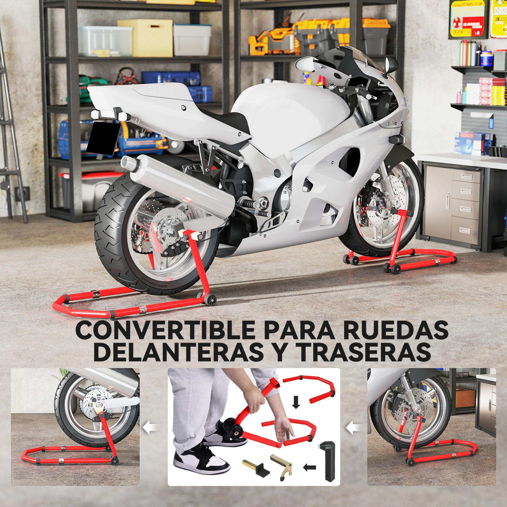 Caballete Moto Elevador Universal Carga 390 kg Soporte Rueda Delantera y Trasera Motocicleta Convertible con Adaptadores de Horquillas en U y L Ajustables y Ruedas para Reparación Mantenimiento