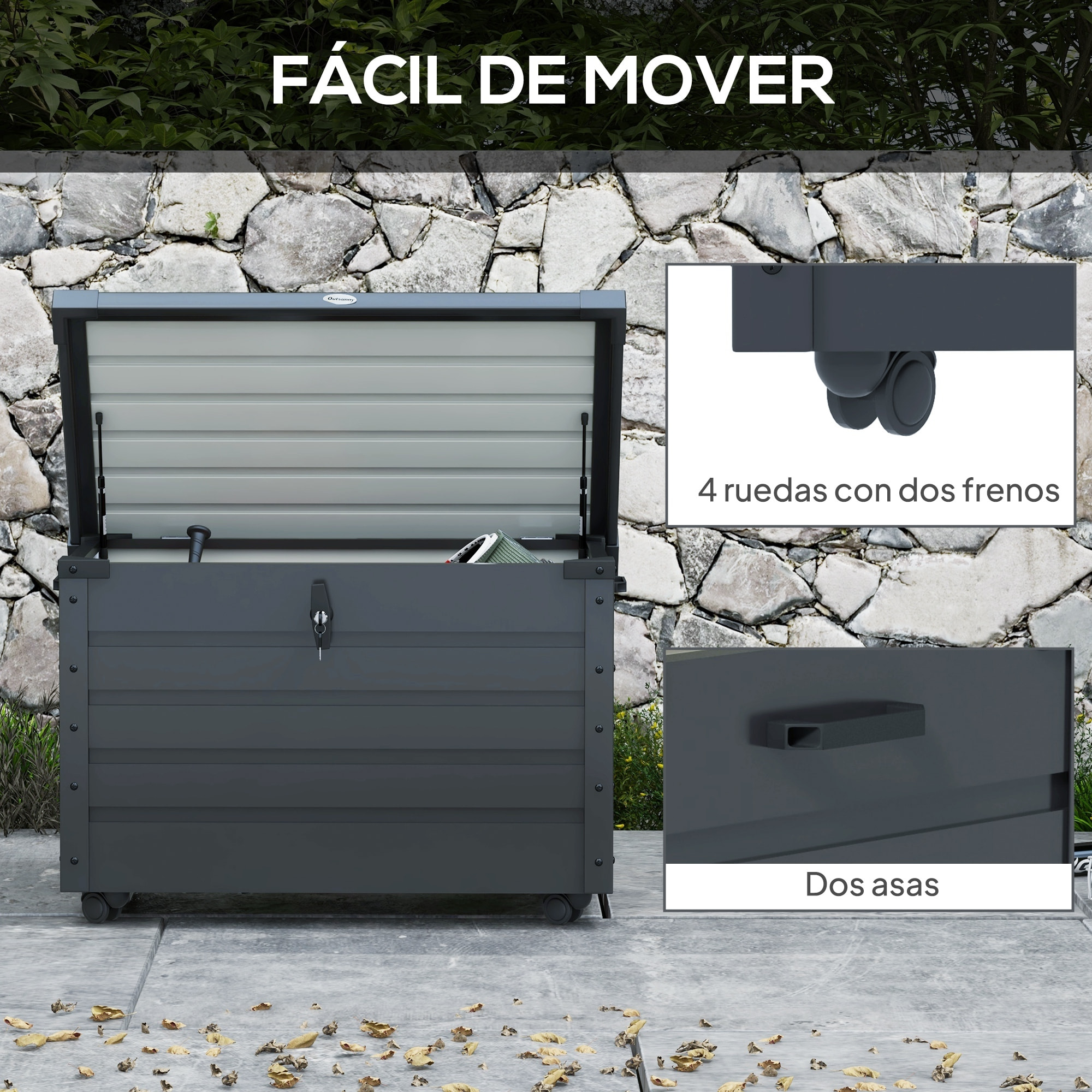 Arcón Exterior Capacidad 295L, Baúl de Almacenaje de Acero Galvanizado con 4 Ruedas, 2 Asas y Tapa con Cerradura, Impermeable, para Jardín, Terraza, Patio, 100x62x65 cm, Gris Oscuro
