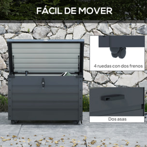 Arcón Exterior Capacidad 295L, Baúl de Almacenaje de Acero Galvanizado con 4 Ruedas, 2 Asas y Tapa con Cerradura, Impermeable, para Jardín, Terraza, Patio, 100x62x65 cm, Gris Oscuro