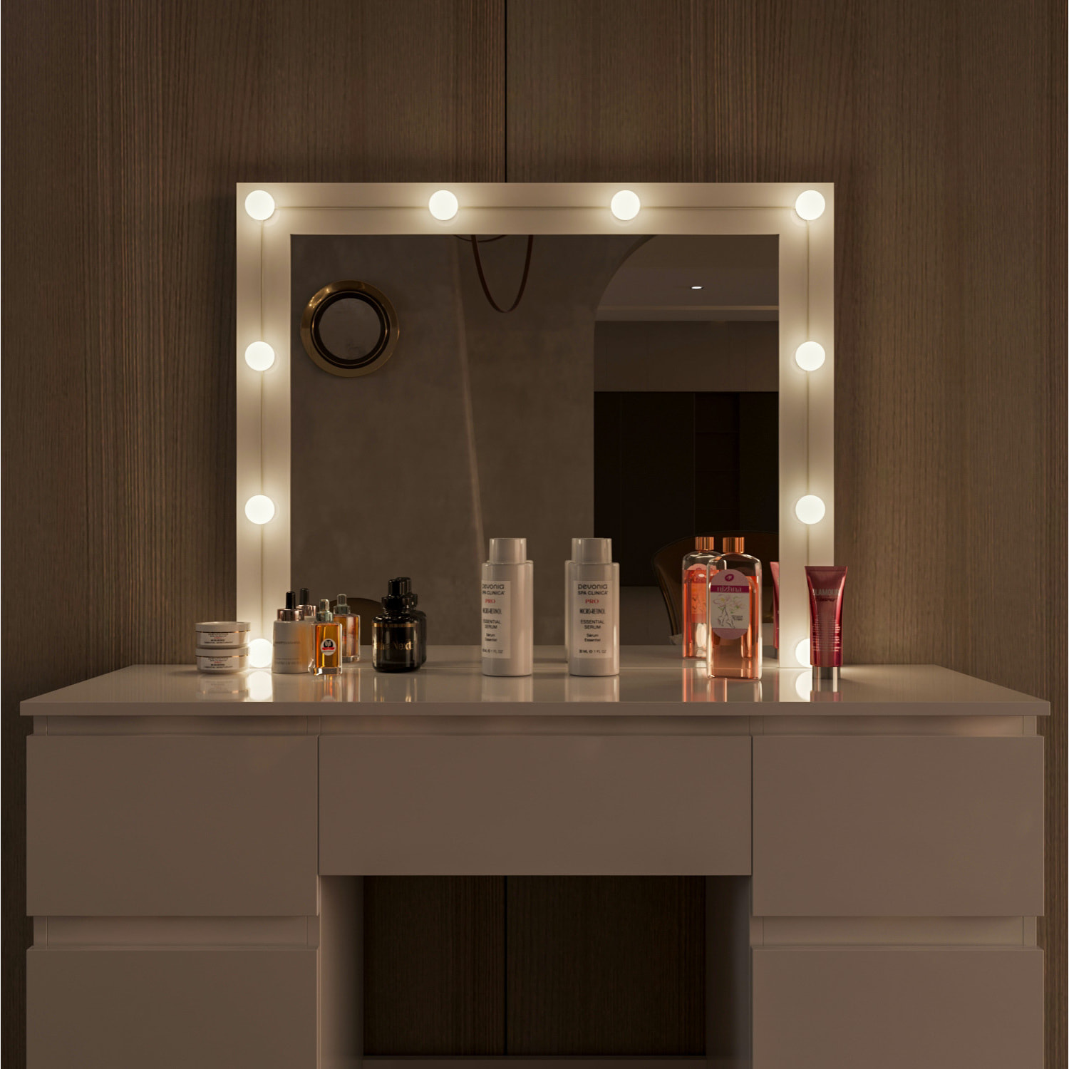 Toeletta Tavolino Da Trucco Tavolo 10 Luci LED Luminosità Regolabile Specchio Orizzontale Con 7 Cassetti Postazione Make Up 39.5x110x140.5 Cm Bianco