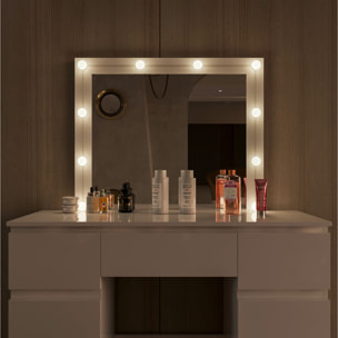 Toeletta Tavolino Da Trucco Tavolo 10 Luci LED Luminosità Regolabile Specchio Orizzontale Con 7 Cassetti Postazione Make Up 39.5x110x140.5 Cm Bianco