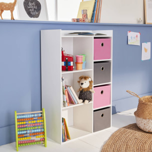 Meuble de rangement pour enfant. blanc - Camille - avec 7 compartiments et 4 paniers gris et roses