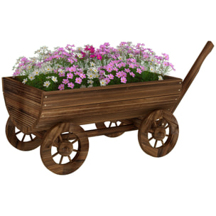 Carrito de Madera Decorativa con 4 Ruedas y Mango, Jardinera Exterior Móvil con Orificio de Drenaje, Macetero Exterior para Cultivos, Plantas, Jardín, Terraza, 115x40x54,5 cm, Carbonizado