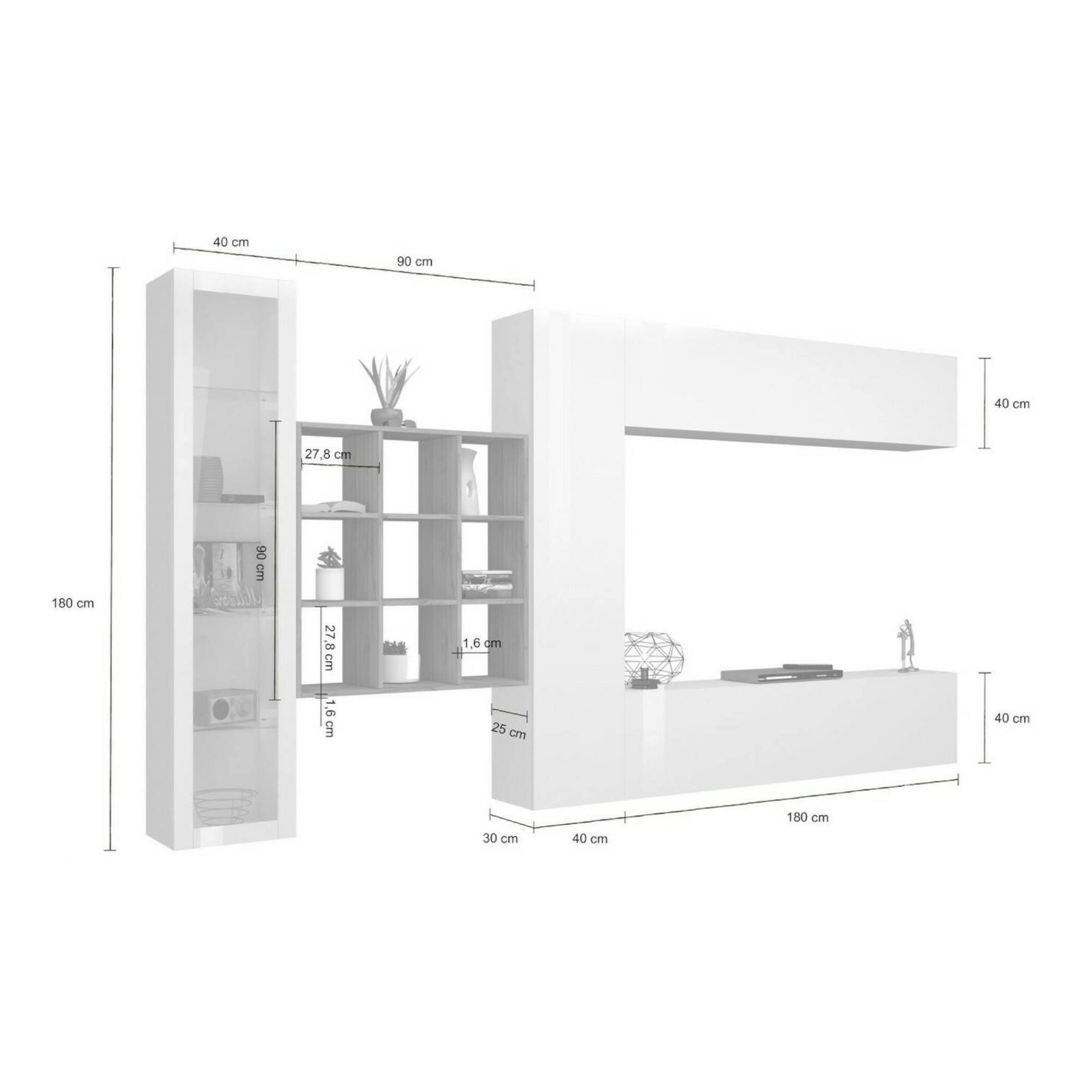 Parete attrezzata Davis, Set salotto porta TV a 4 ante, Mobile soggiorno multiuso con vetrina e luce LED, 100% Made in Italy, cm 310x30h180, Bianco lucido e Acero