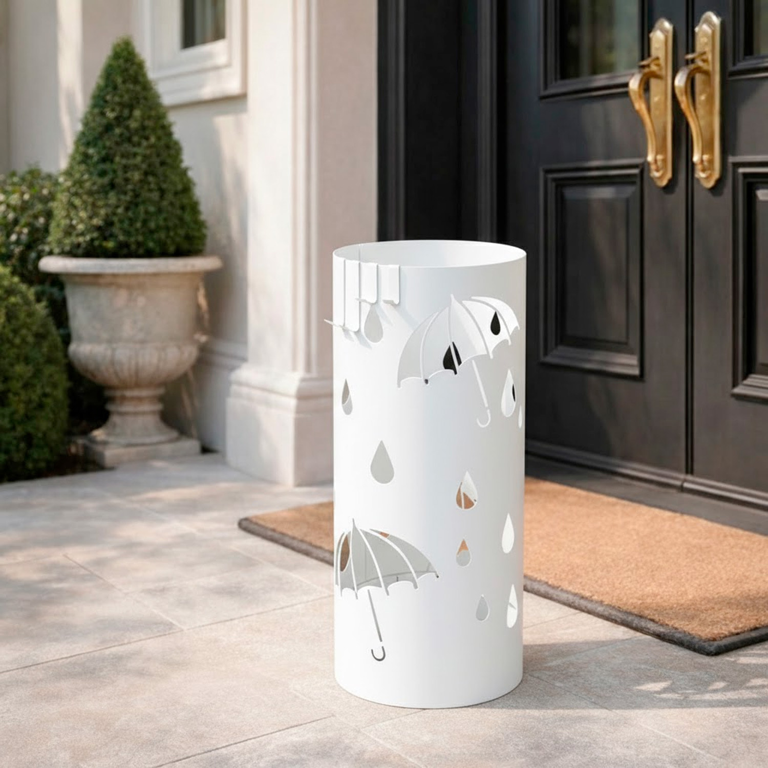 Portaombrelli Rotondo In Acciaio Zincato Con Vaschetta Scolapioggia E 4 Ganci Removibili Base Antiscivolo Design Moderno Ingresso 41 x 17 Cm Bianco