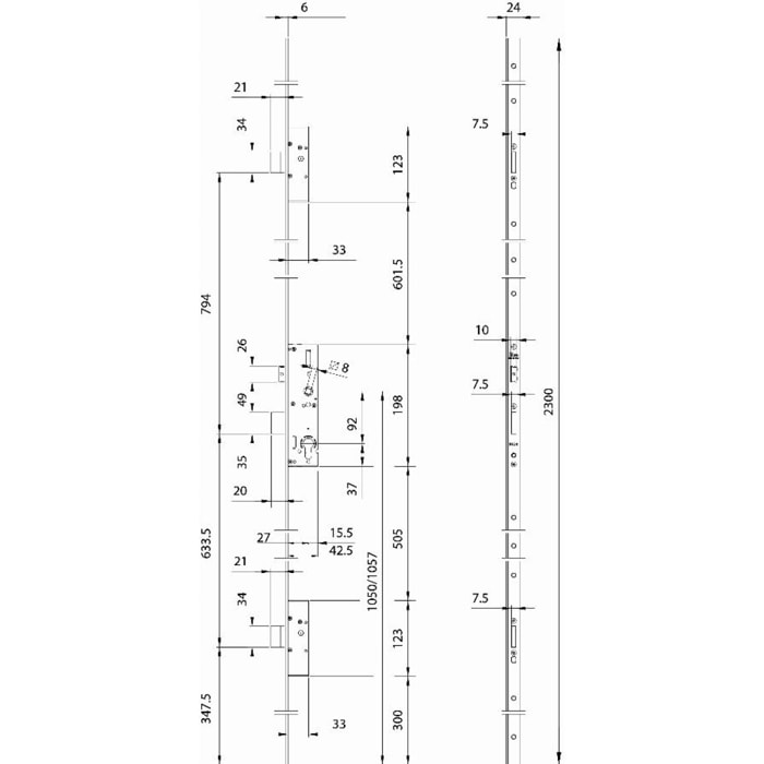 Serrure multipoint à larder ISEO Performa - Têtière plate 2300x24x3 mm Acier INOX - Entraxe 92 mm - Axe 30 mm - 7232013028