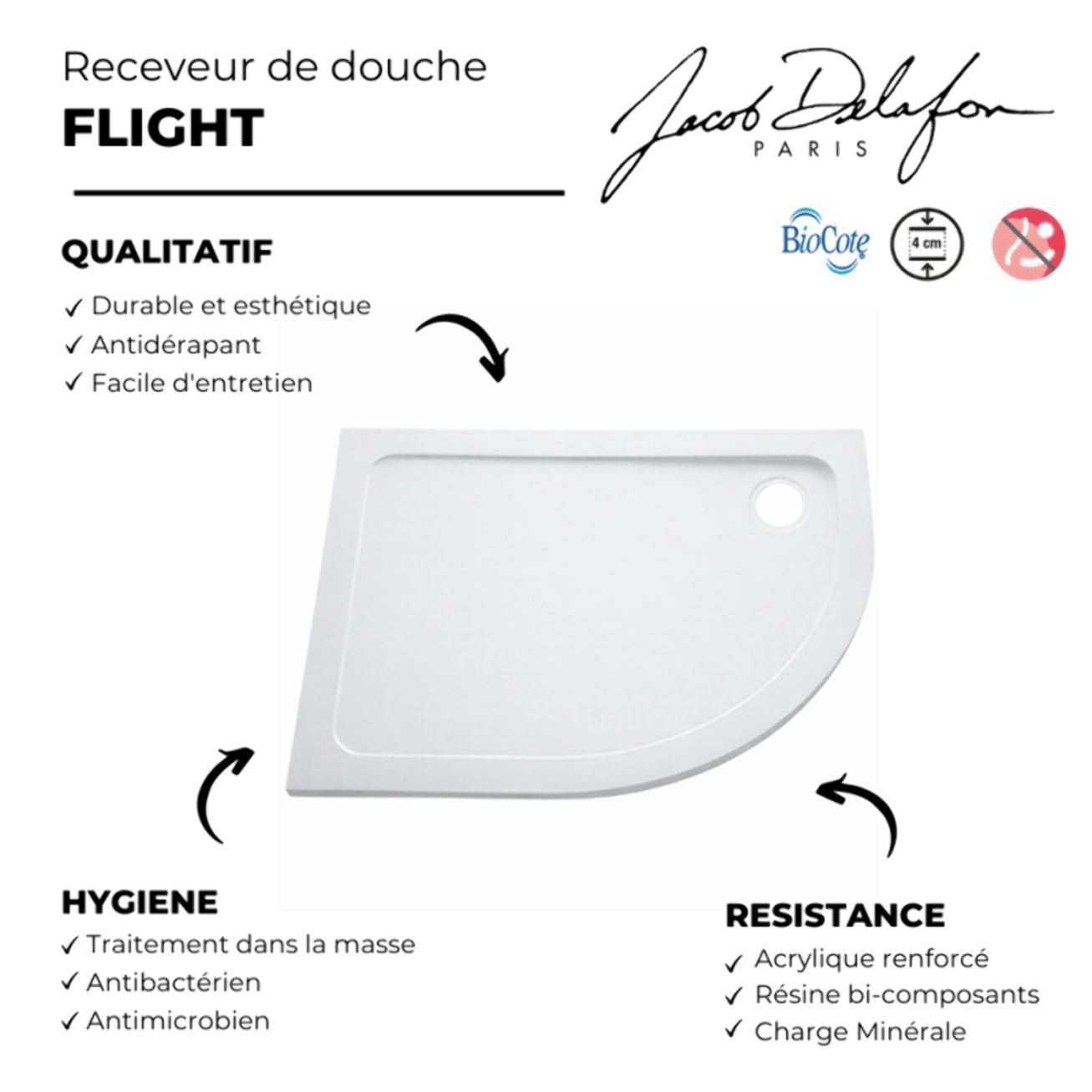Receveur douche antidérapant Flight Low quart de rond