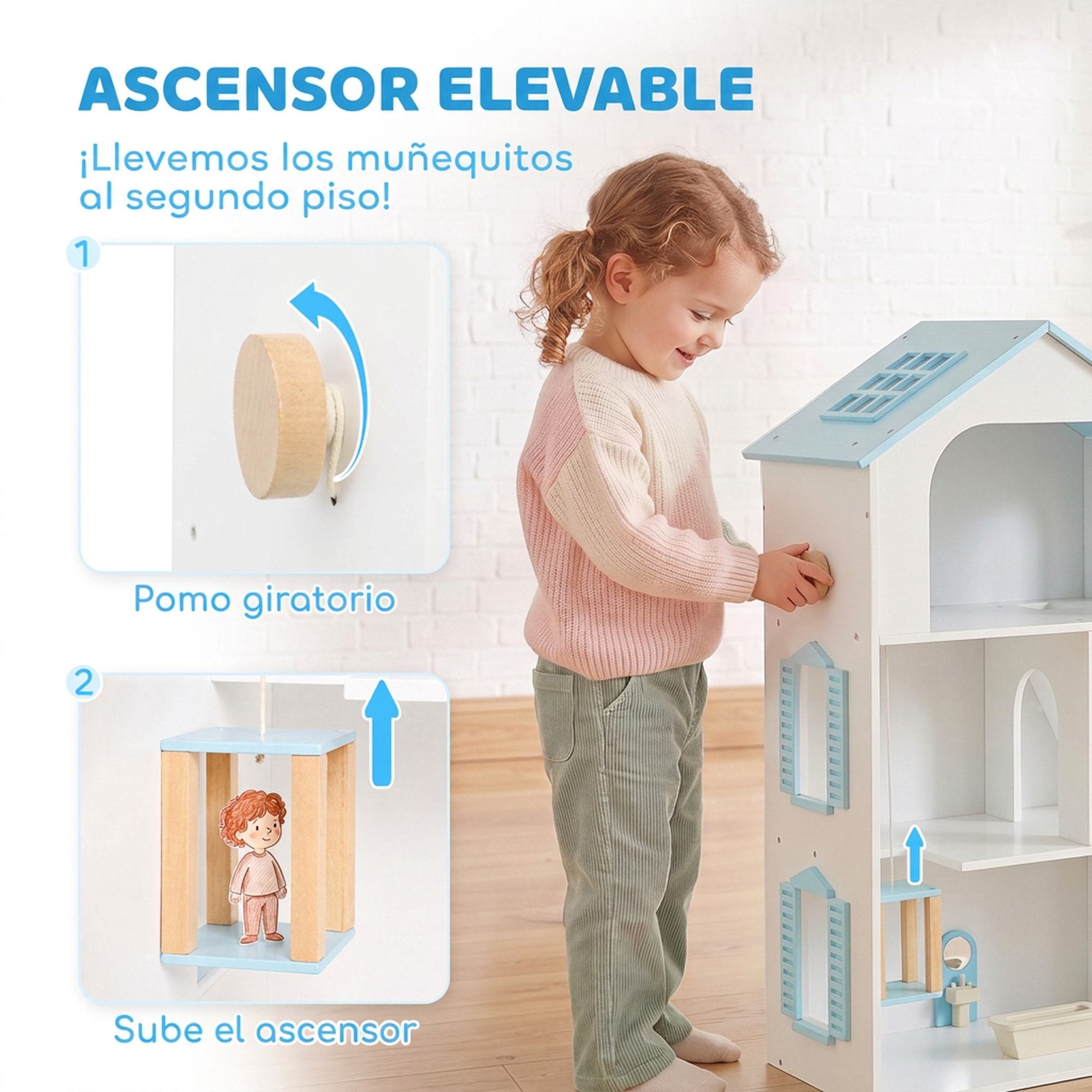 AIYAPLAY Casa de Muñecas de Madera de 3 Pisos con Ascensor y Balcón, 5 Habitaciones y 13 Muebles, Casita de Muñecas para Niñas, Juguete de Imitación para Niños de 3 a 6 Años, Azul