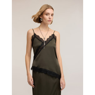 Motivi - Top asimmetrico in raso con pizzo - Verde militare