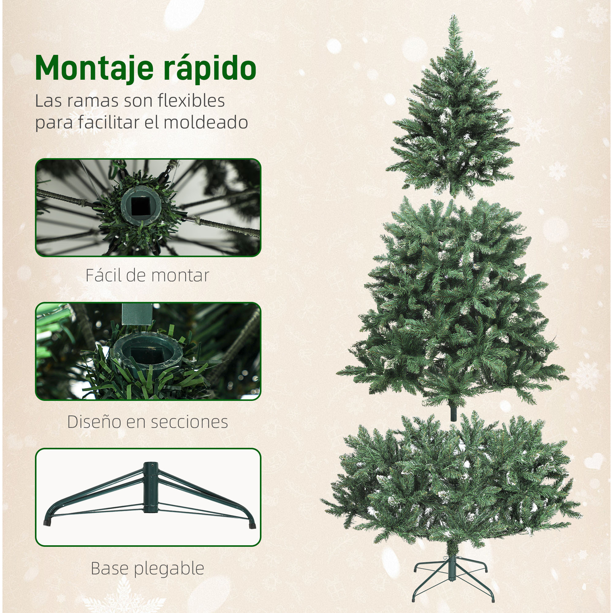 Árbol de Navidad 210 cm, Árbol Navideño de Abeto con Luces LED, 9 Modos de Iluminación, 1160 Ramas con Nieve Artificial, Soporte Metálico, Fácil de Montar, Verde