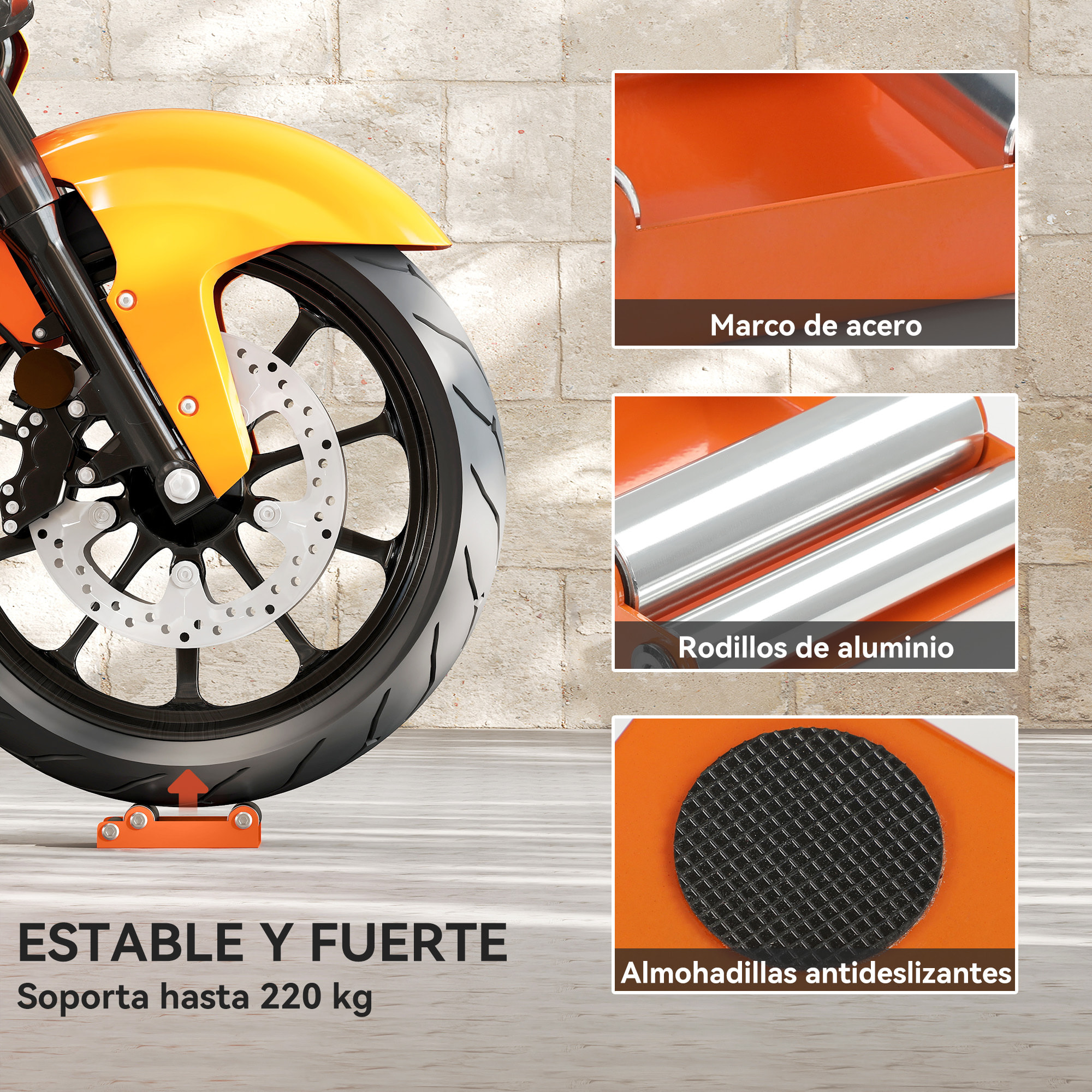Soporte Rodillo Moto, Soporte Rodillo Limpieza Ruedas, para Limpieza de Neumáticos y Lubricación de Cadenas, para Moto < 220 kg y Ancho de Neumático <180 mm, Naranja