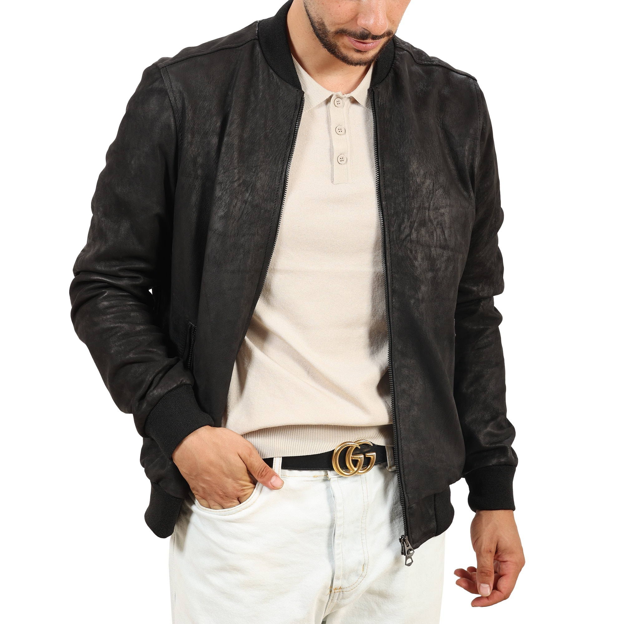 Giubbino in vera pelle di vitello rifinizione dakota Nero-Slim Fit