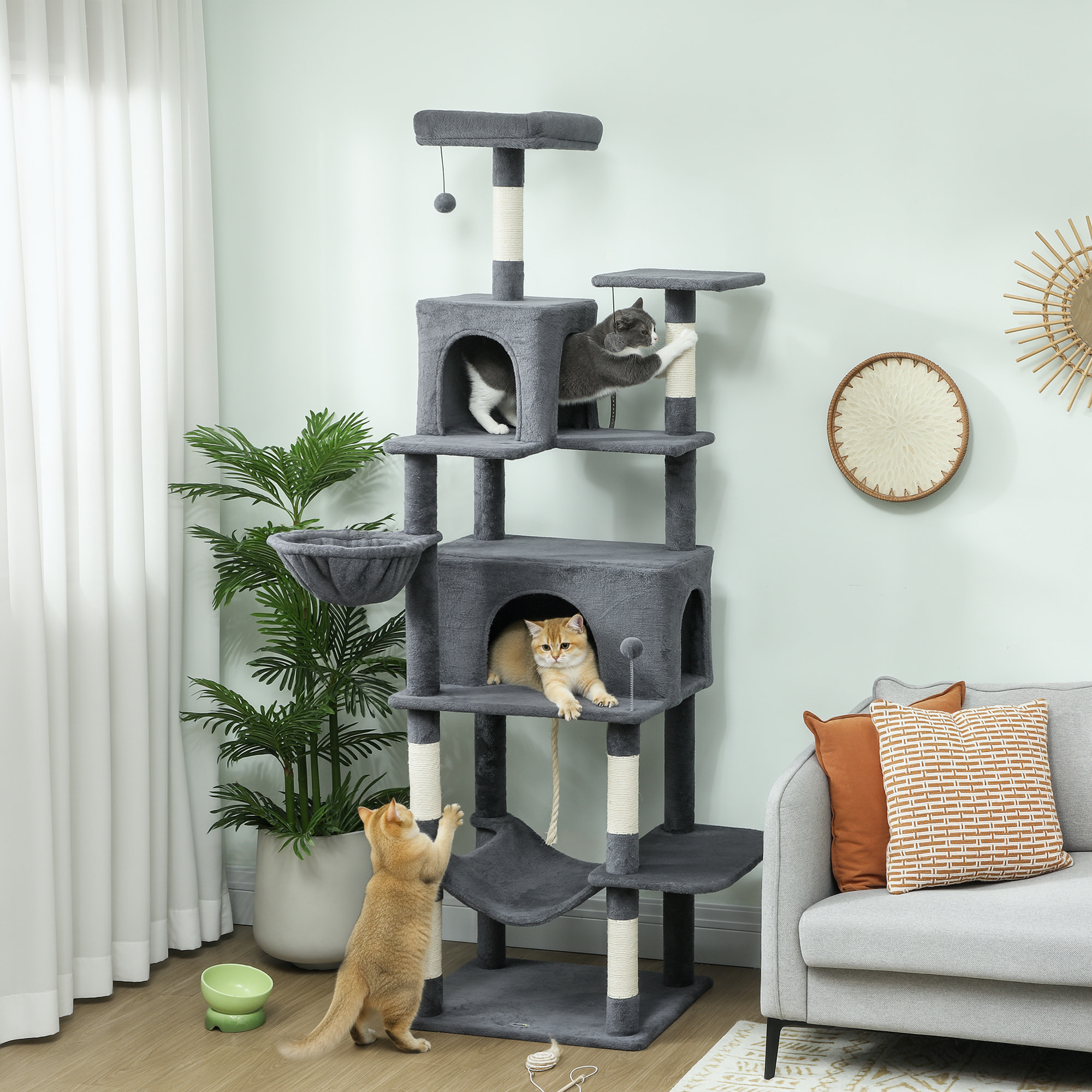 Árbol Rascador para Gatos, Árbol para Gatos 202 cm, Torre Escalador con Plataformas, Cama, Cuevas, Postes de Sisal, Bolas y Cuerda para Jugar, Gris Oscuro