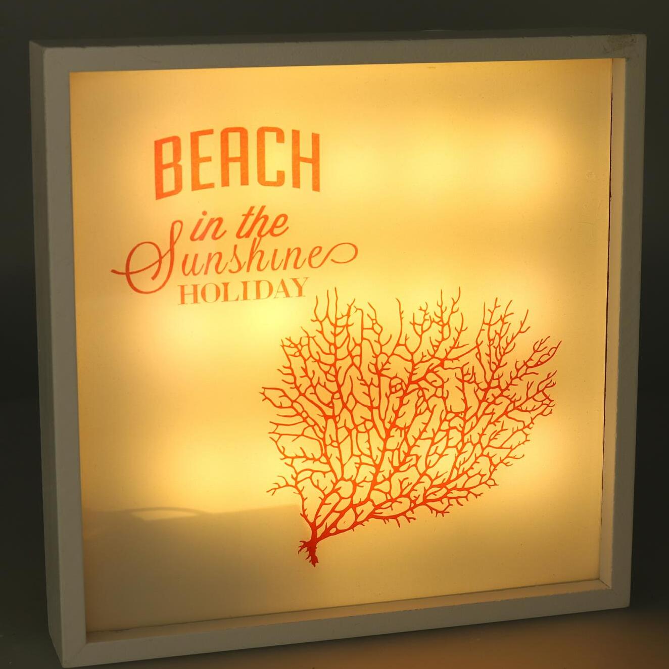Quadro in legno bianco con led e corallo quadrato cm24x24x4