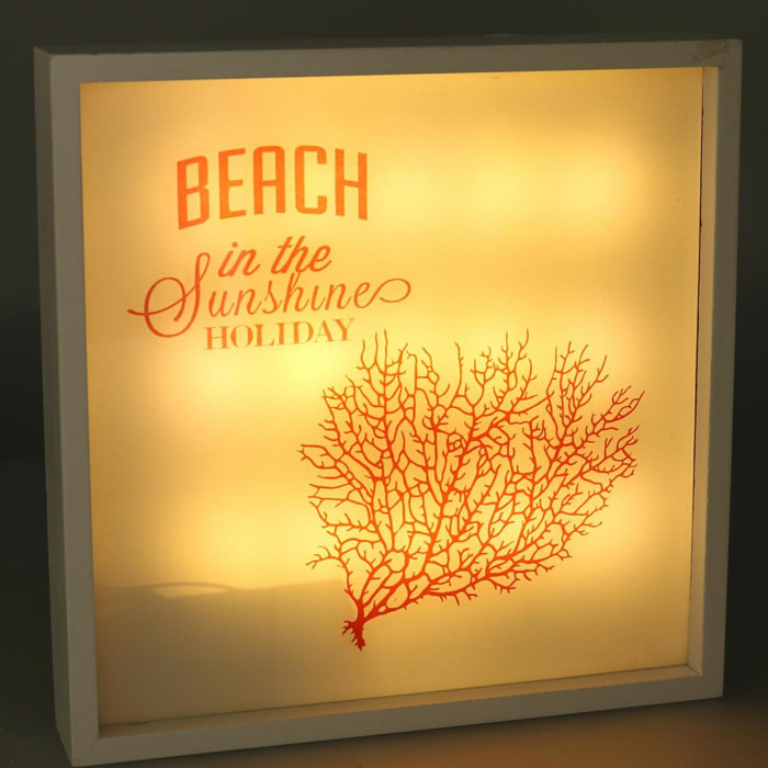 Quadro in legno bianco con led e corallo quadrato cm24x24x4