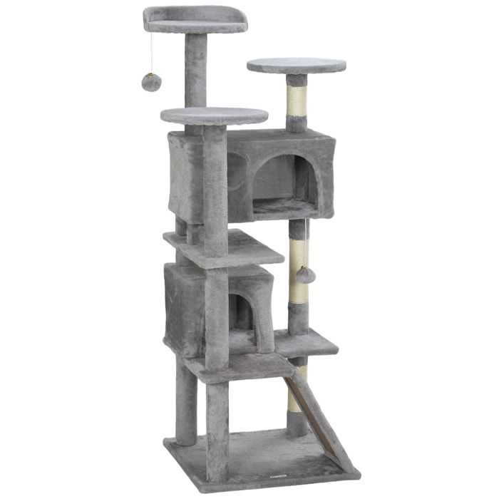 Arbre à chat 2 niches grattoir griffoirs plate-formes 2 niches 2 jouets pompons peluche grise