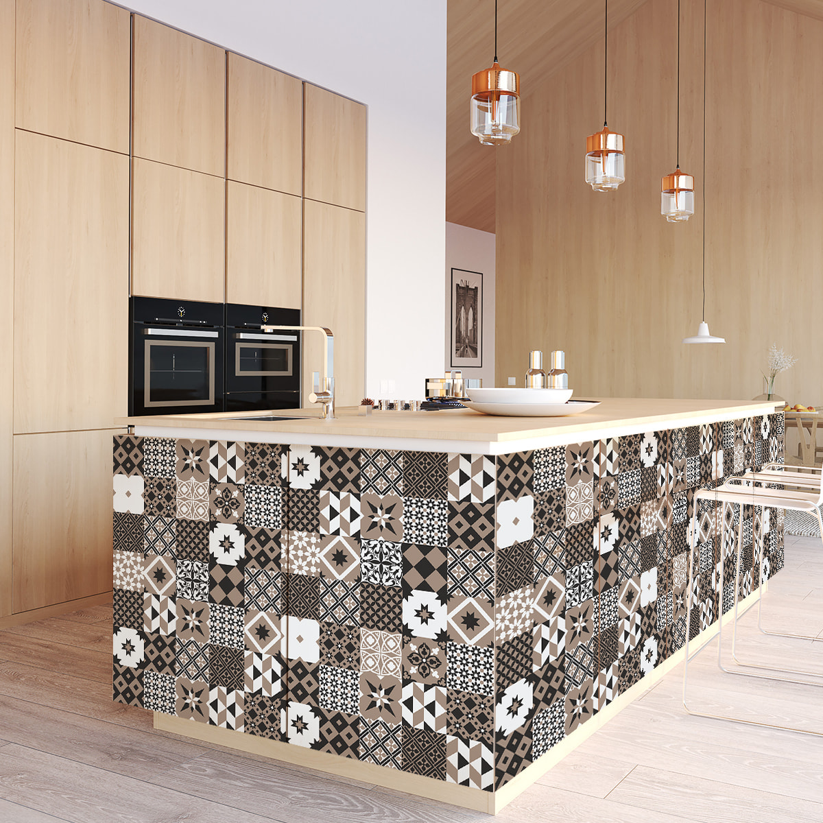 Stickers muraux - Sticker Mural Carrelage adhésif Cuisine Salle de Bain - 60 STICKERS CARREAUX DE CIMENT MEUBLE CYRINA