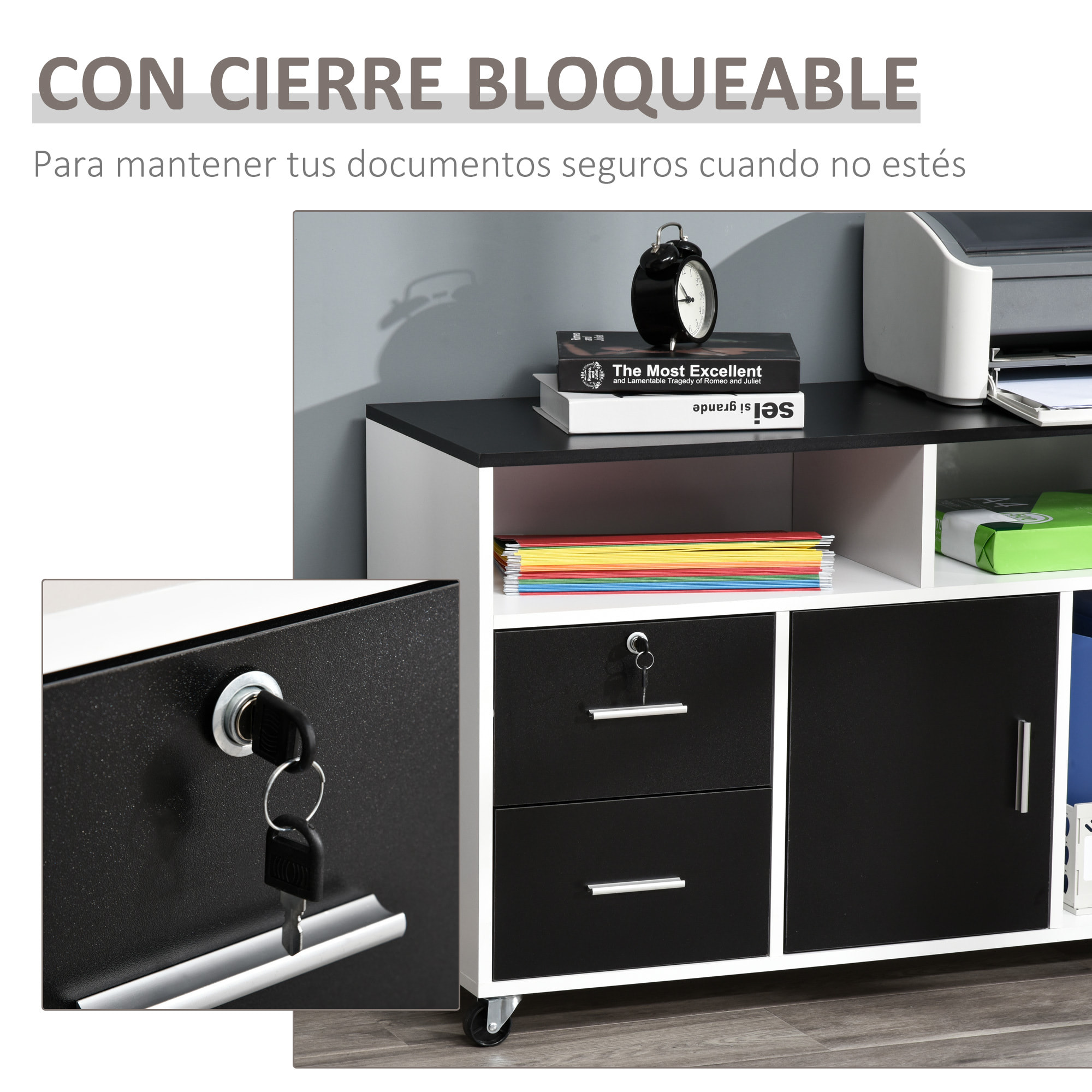 Mueble de Oficina con Armario Cajones Estantes de Melamina 100x35x65 cm Negro y Blanco