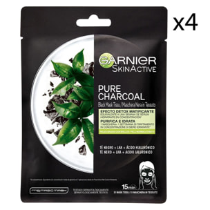 4x Maschera Viso in Tessuto SkinActive Pure Charcoal Opacizzante Detox con Tè Nero LHA e Acido Ialuronico