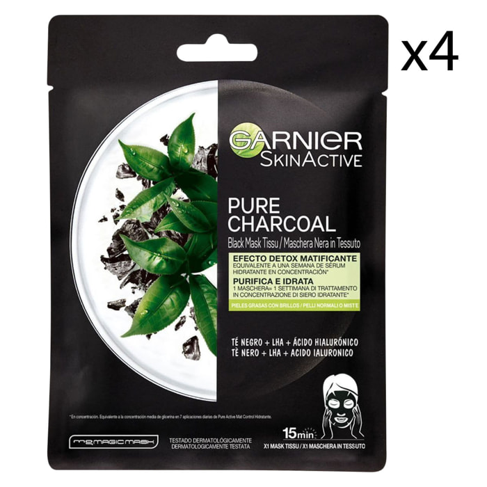 4x Maschera Viso in Tessuto SkinActive Pure Charcoal Opacizzante Detox con Tè Nero LHA e Acido Ialuronico