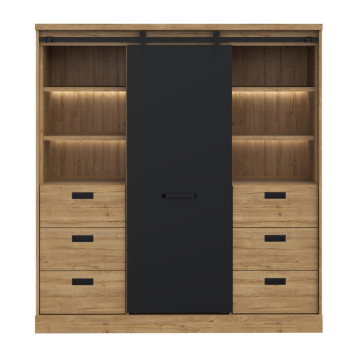 Buffet haut et large avec LED en bois effet chêne et noir - FACTORY