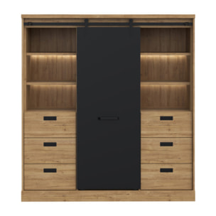 Buffet haut et large avec LED en bois effet chêne et noir - FACTORY