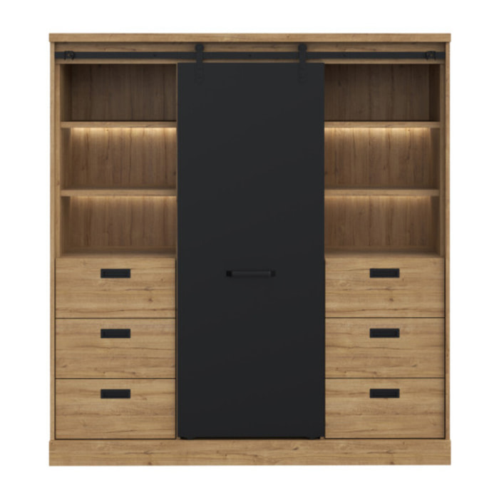 Buffet haut et large avec LED en bois effet chêne et noir - FACTORY