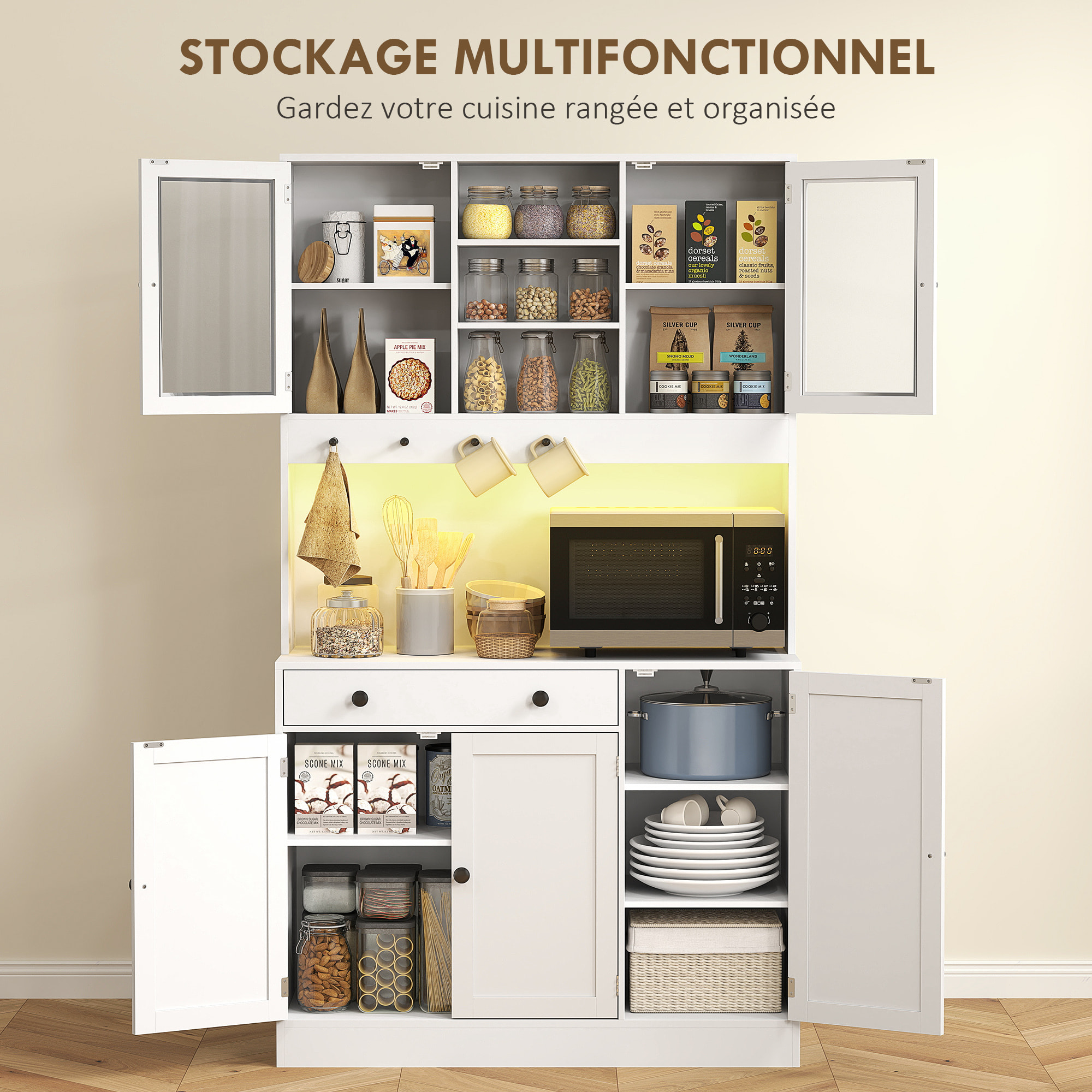 Buffet haut LED multi-rangement dim. 103 x 40 x 180cm poignées boutons noir blanc