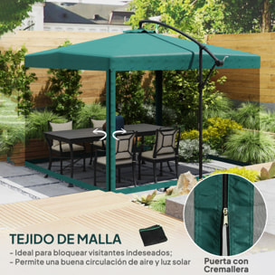 Parasol Excéntrico Ø 295 cm Sombrilla de Jardín con Ángulo Ajustable Mosquiteras Base Cruzada y Manivela para Terraza Patio Exterior Verde Oscuro