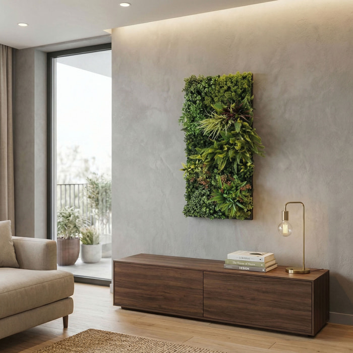 Flora - Quadro vegetale 100x50 cm con foglie e fiori in PE cornice in PVC nero