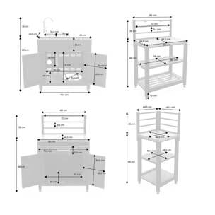 Cuisine extérieure avec 4 modules en acier. meuble avec évier. étagères. tiroirs. rangements