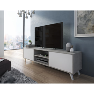 Mobile TV Moderno Con 2 Ante Battenti Ripiani Centrali Aperti Gambe Design Per Televisori fino a 75” 180 x 39,6 x 49 Cm Grigio Cemento E Bianco