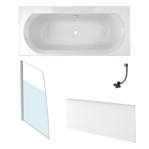 Baignoire droite 180 X 80 Elise acrylique + pare bain volet gauche + tablier en niche + vidage