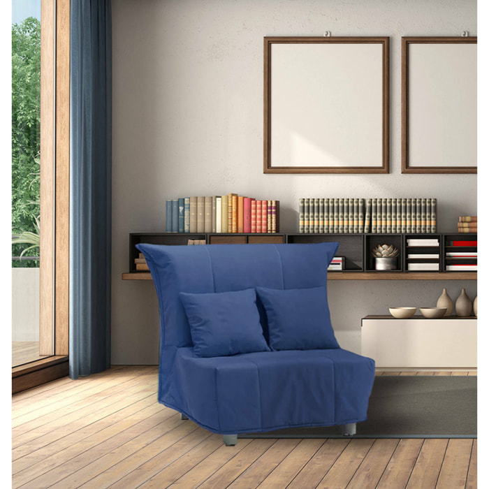 Divano Letto Alma, Divano singolo, 100% Made in Italy, Poltrona soggiorno con apertura a carrello, in tessuto imbottito, con cuscini inclusi, Cm 85x90h85, Blu