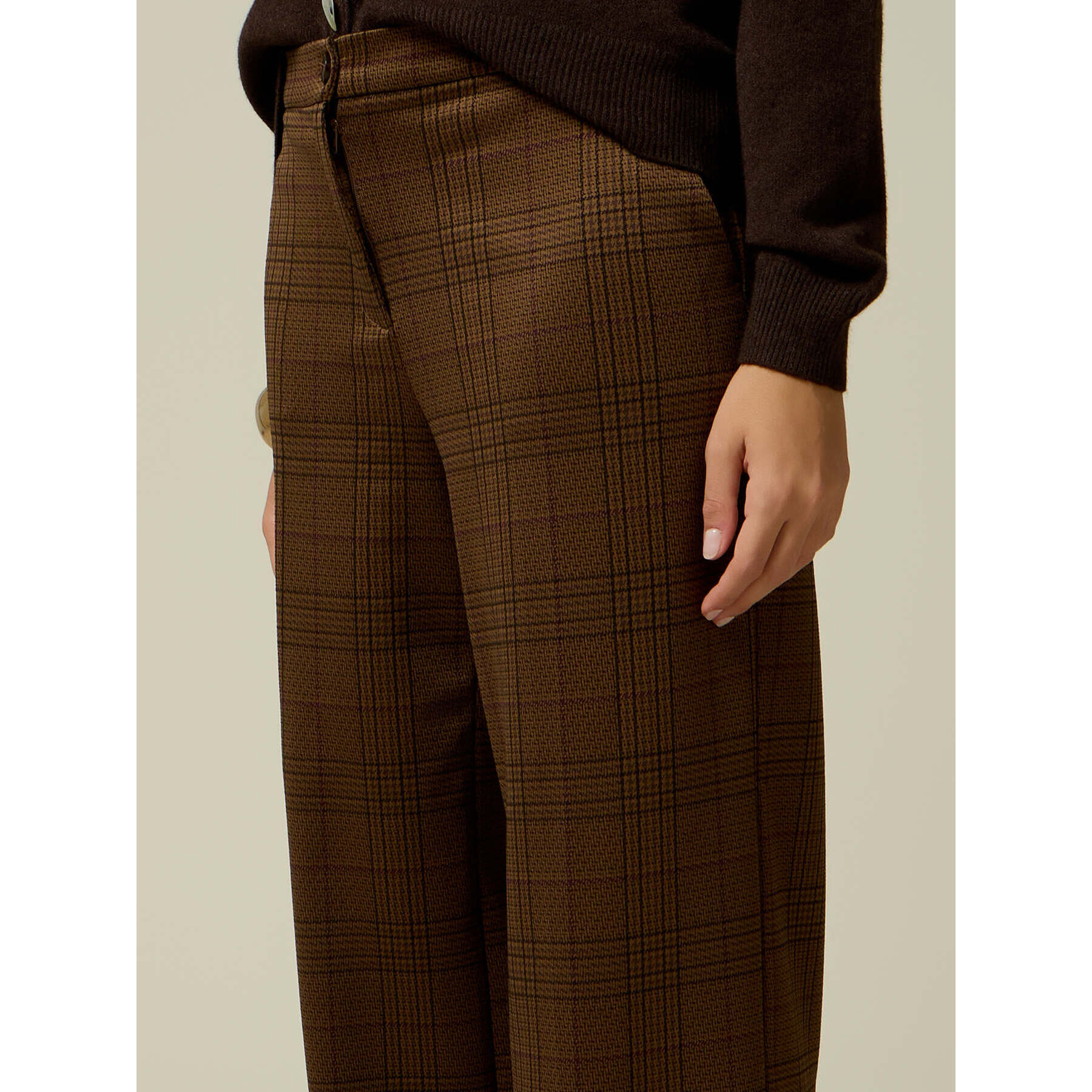 Oltre - Pantaloni palazzo in punto milano check - Marrone