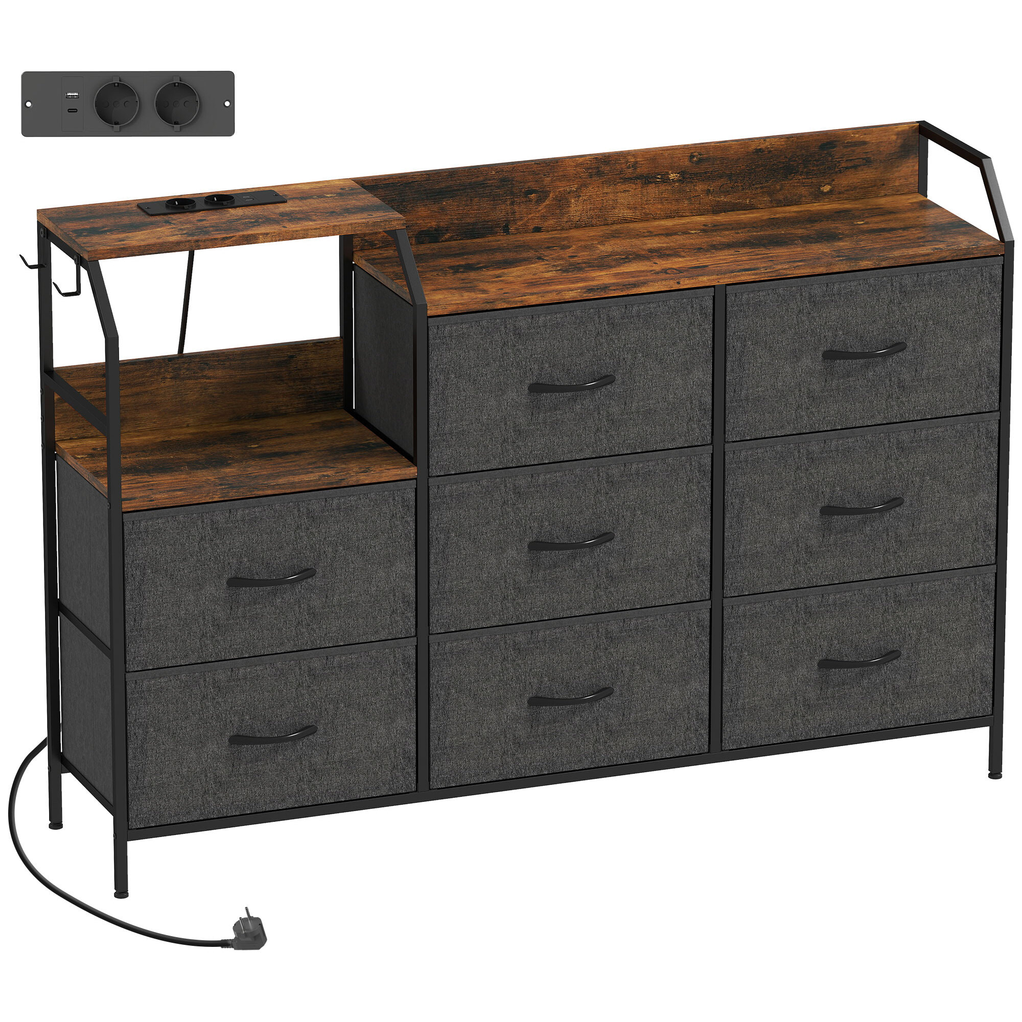 Commode 8 tiroirs non tissés anthracite station de recharge intégré acier noir effet bois vieilli