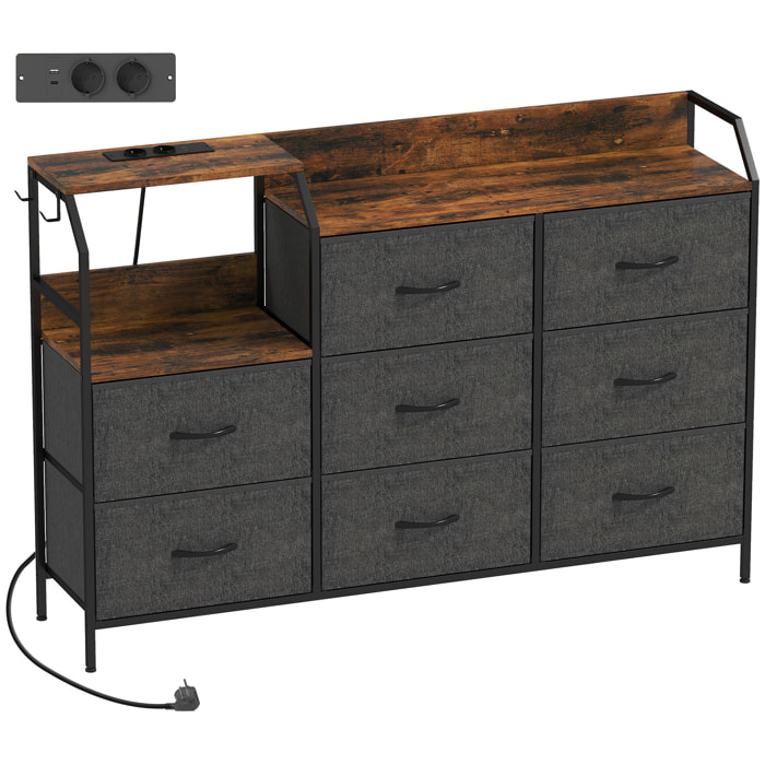 Commode 8 tiroirs non tissés anthracite station de recharge intégré acier noir effet bois vieilli
