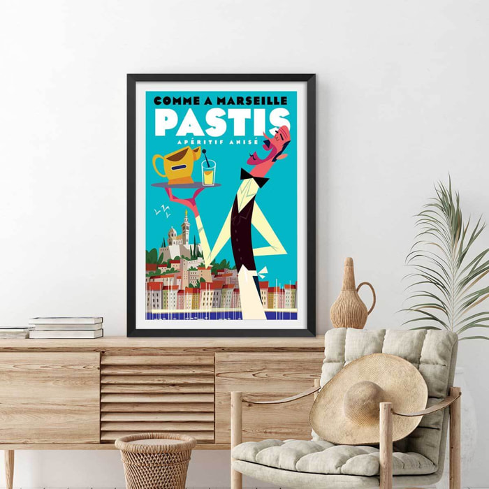 Poster un pastis sur le vieux port Affiche + cadre en bois - Noir